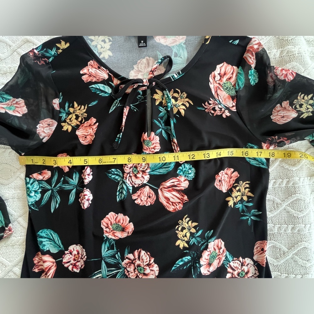 Roz & Ali Black Floral Tie-Front, Sheer Long Sleeve Dress Women’s Size Medium - Picture 15 of 15